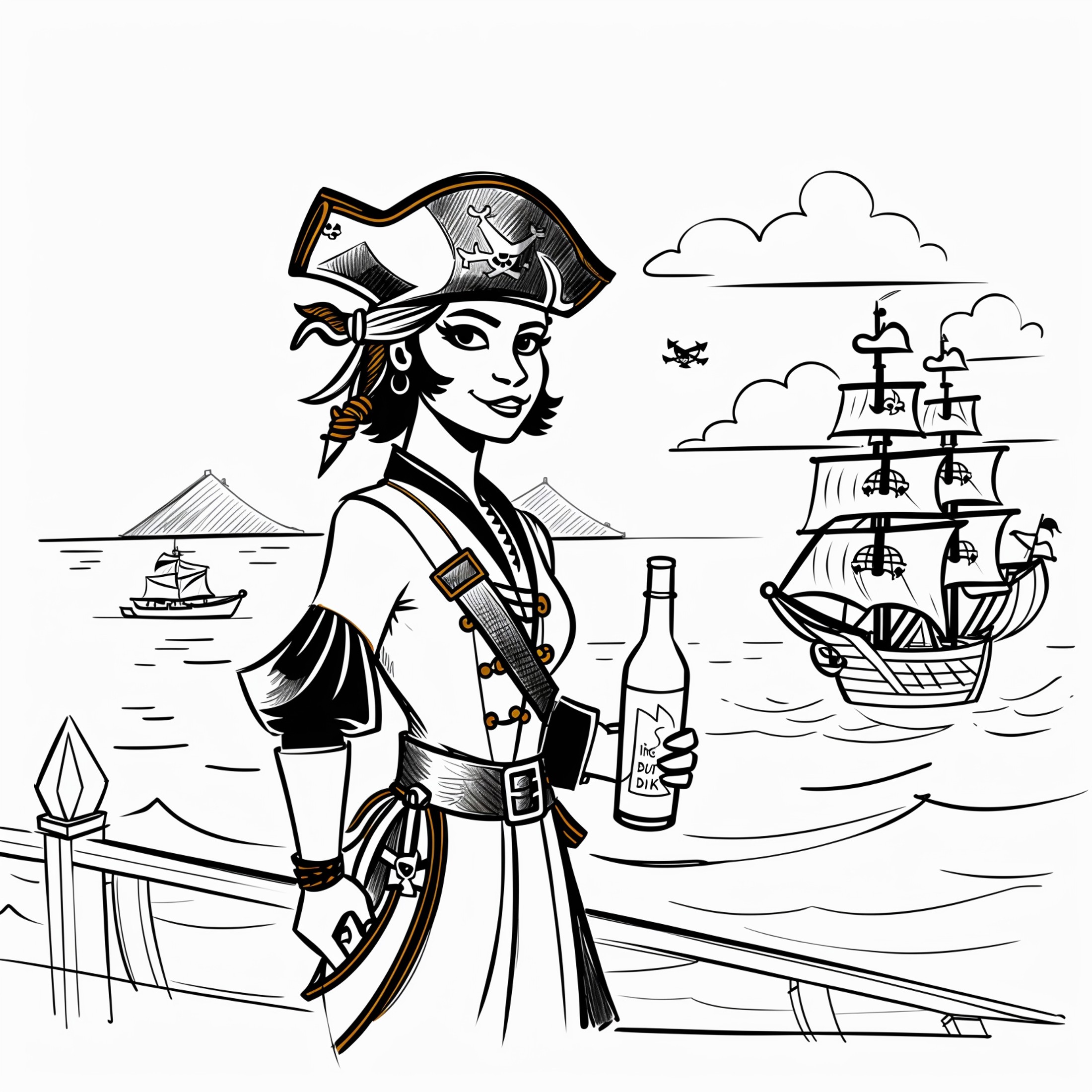 line art drawing ((beautiful pirate woman)),wearing pirate outfit, drinking a bottle of rum, (looking over a village from ...